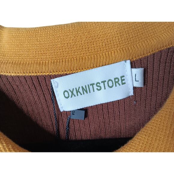 New OXKnit Store Retro Polo Sweater Large Brown Mustard Striped Ribbed Knit Top - Picture 7 of 15
